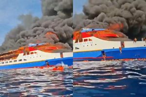 HT13. The ship carrying 280 passengers suddenly caught fire in the middle of the sea.