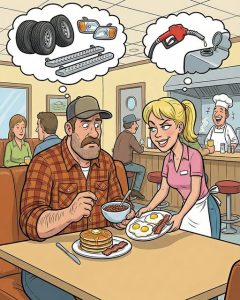 HT17. JOKE OF THE DAY: A long-haul trucker slid into a booth at a busy highway cafe!