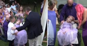 HT4. Brave little girl wheeled down the aisle by dad to marry school sweetheart days before passing away