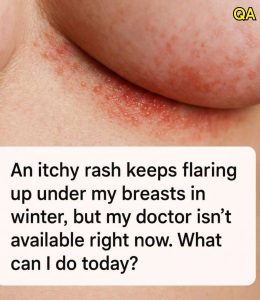 HT7. An itchy rash keeps flaring up under my breasts in winter, but my doctor isn’t available right now. What can I do today?