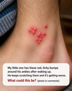 HT10. My toddler woke up with these tiny red bumps clustered all around his ankles. The nurse line is completely busy and he keeps scratching them. What is this?