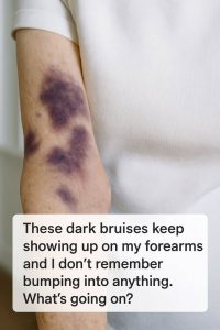 HT5. These dark bruises keep showing up on my forearms and I don’t remember bumping into anything. What’s going on?